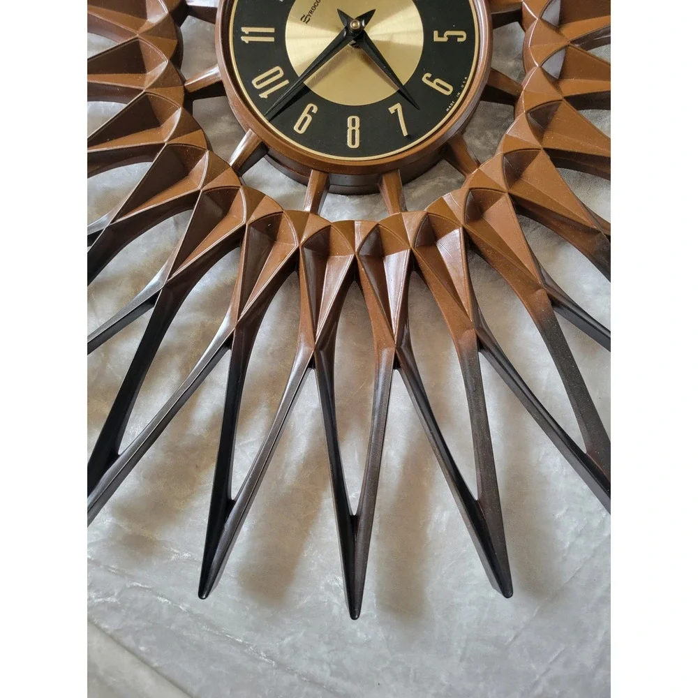 Vtg 1963 Syroco Sunburst Wall Clock Mid Century Modern Brown Starburst Atomic